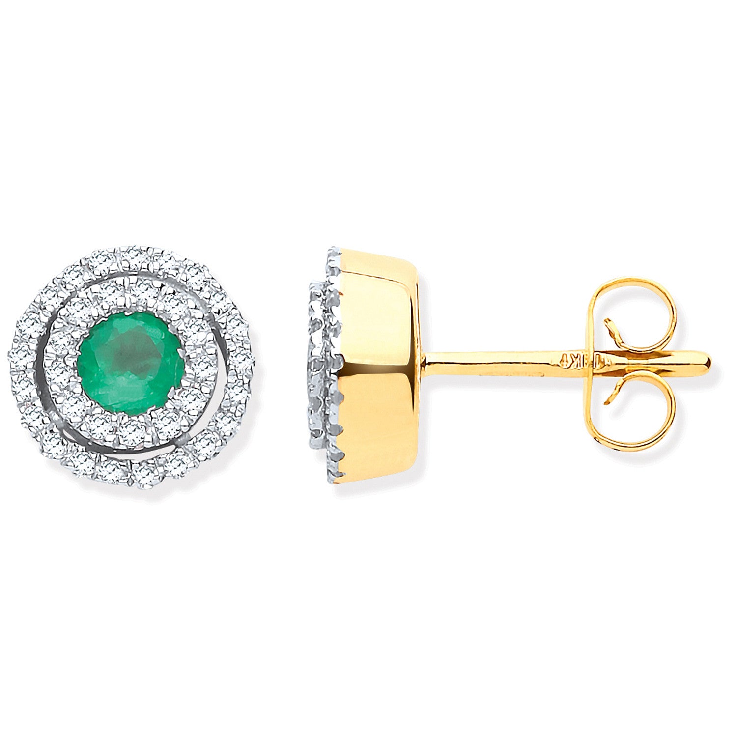 9ct Yellow Gold Double Halo 0.25ct Diamond & Emerald Round Stud Earrings