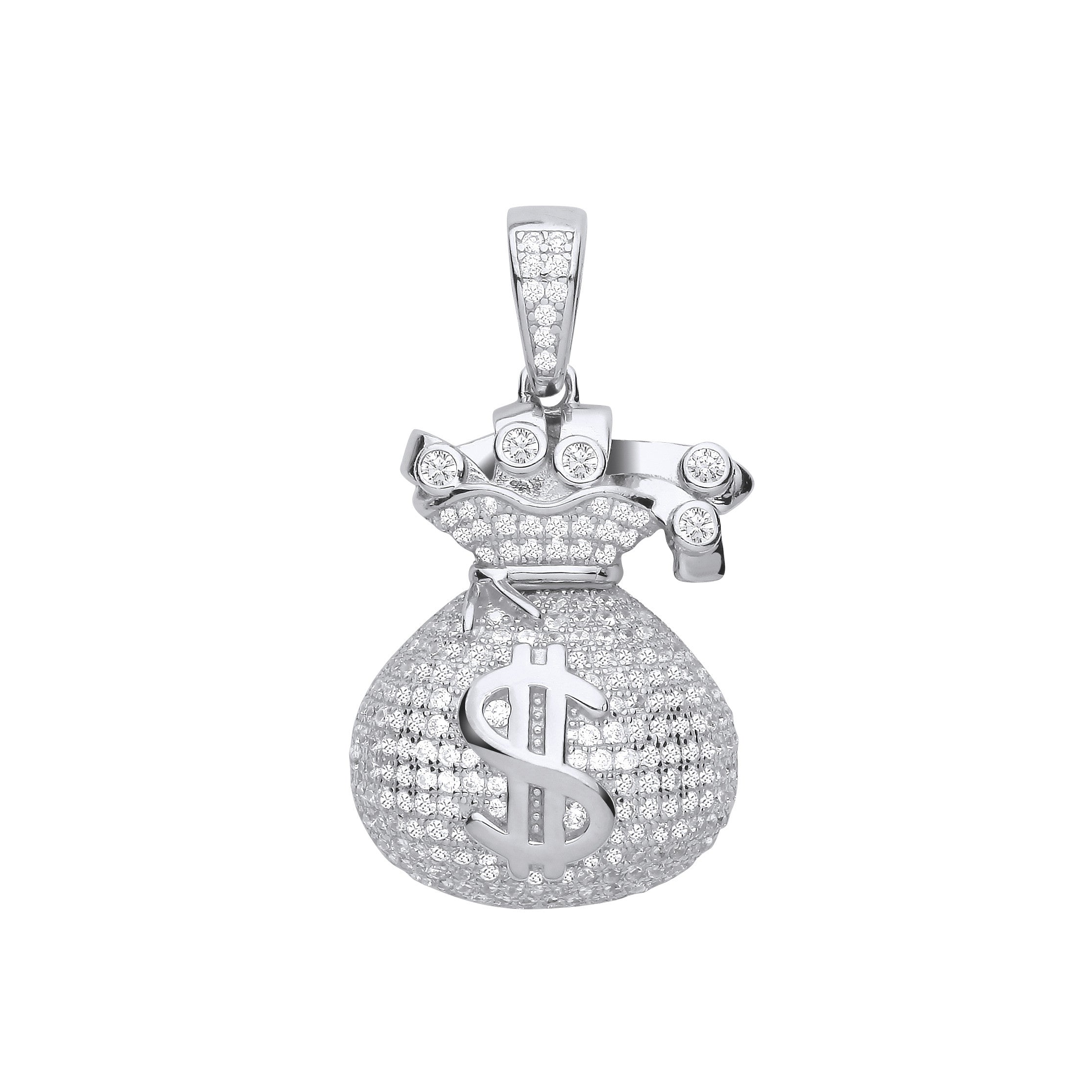 Silver $ Money Bag CZ Hollow Pendant