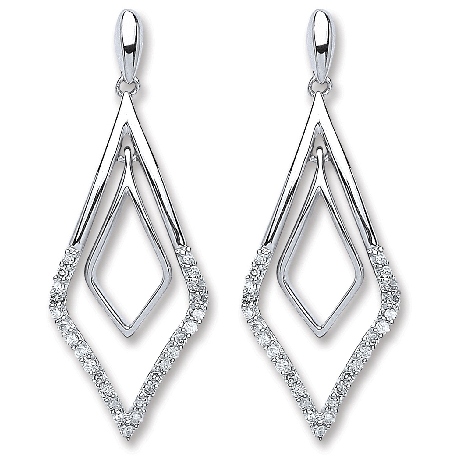 9ct White Gold Brilliant Cut 0.15ct Diamond Fancy Double Drop Earrings