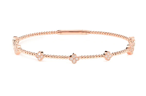 Erkals Jewellers Beaded Milgrain Diamond Clover Flex Bangle Bracelet 18K Gold 0.45ctw