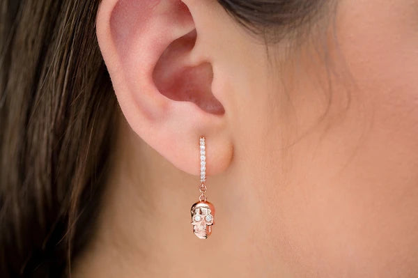 Erkals Jewellers Dangling Skull Huggie Hoop Earrings 18K Gold 0.30ctw