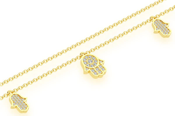 0.40ct Diamond 5 Hamsa Rolo Connected Necklace 14K Solid Gold