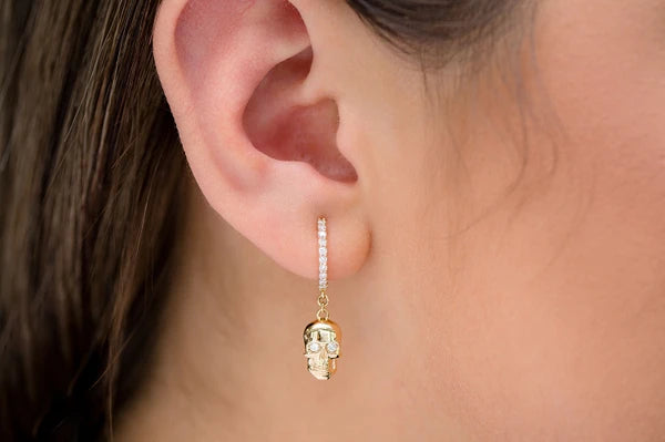 Erkals Jewellers Dangling Skull Huggie Hoop Earrings 18K Gold 0.30ctw