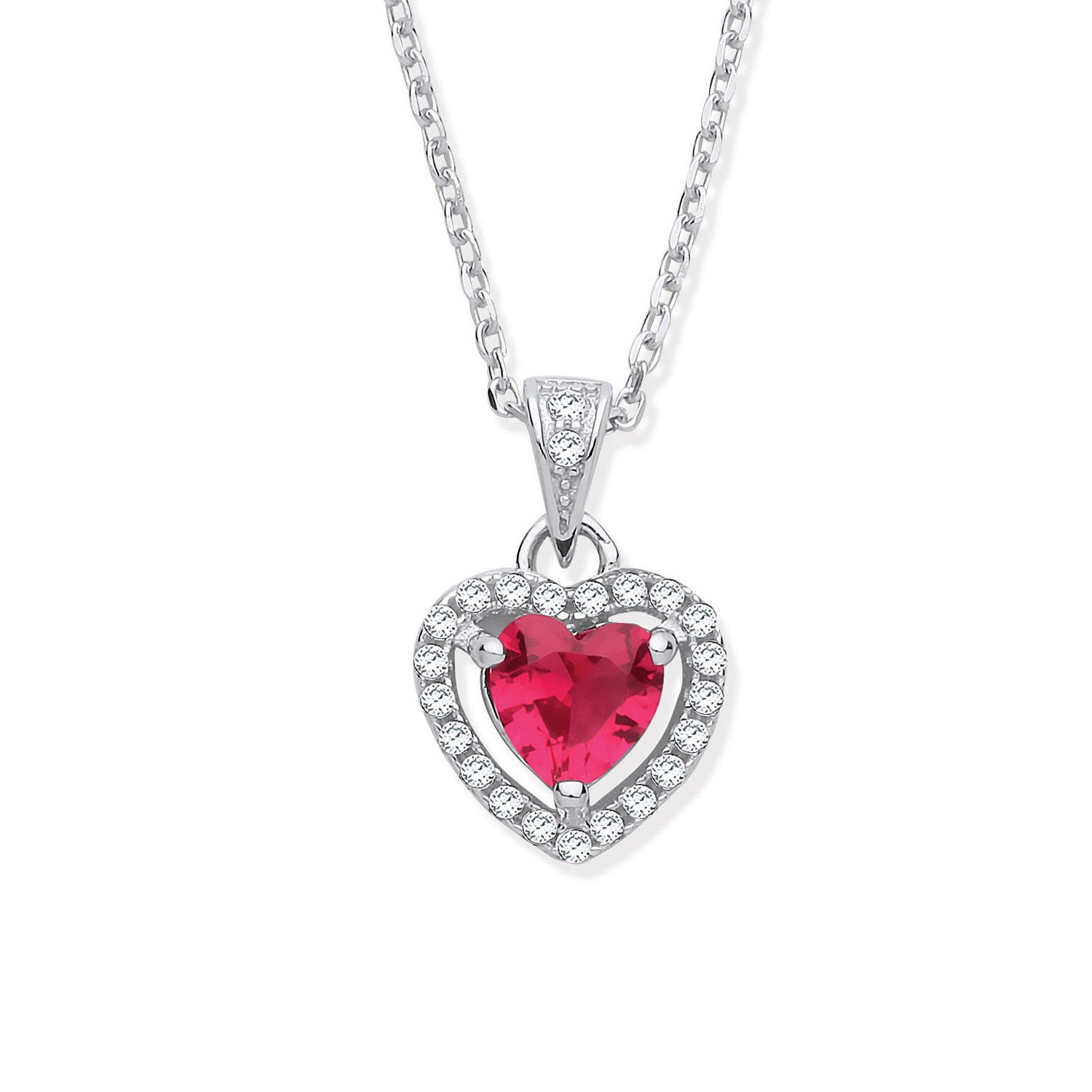 Silver Red CZ Halo Heart Pendant Necklace