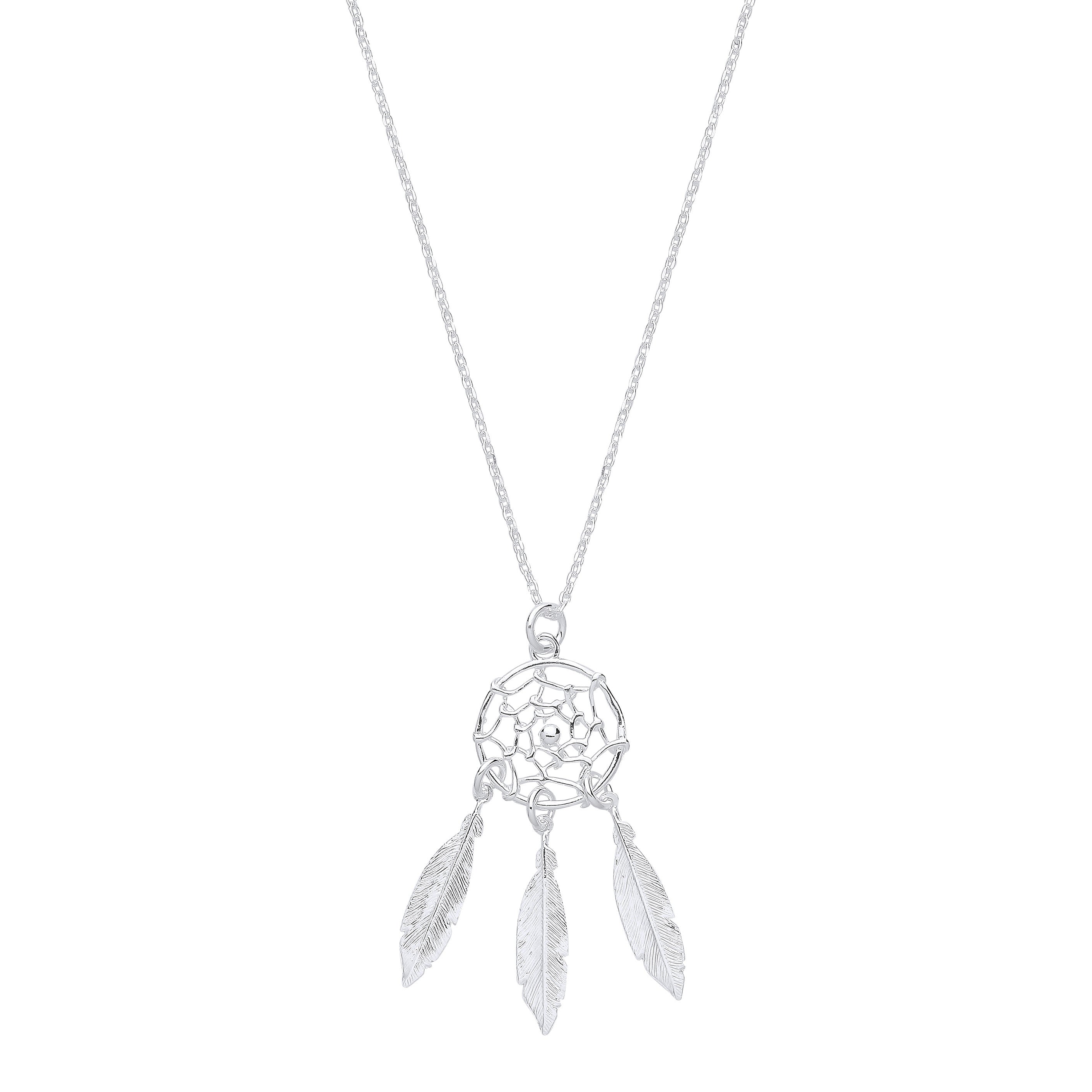 Silver Dream Catcher, Feather Spider Web 16" Chain