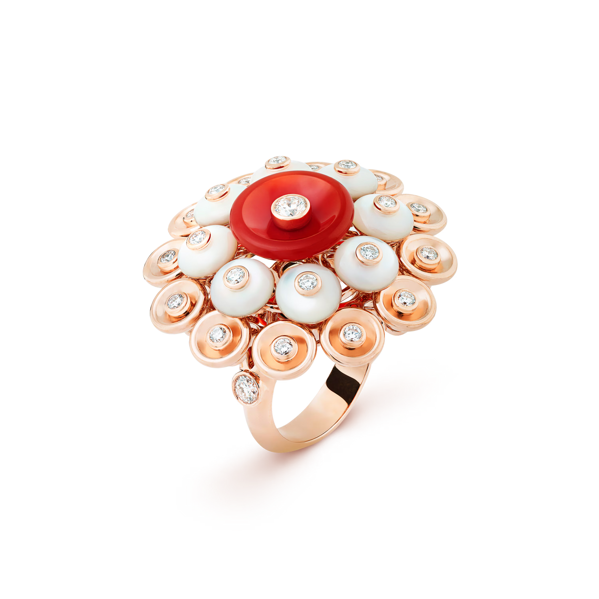 Van Cleef & Arpels Bouton d'Or Ring 18K Rose Gold Carnelian Diamond Mother-of-Pearl