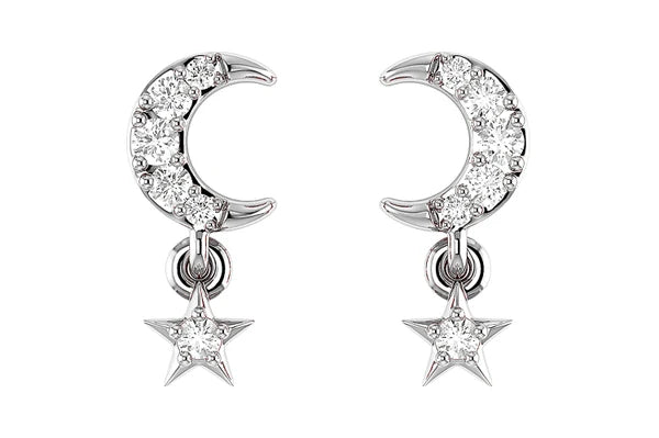 Erkals Jewellers Moon & Star Dangle Stud Earrings 18K Gold 0.05ctw