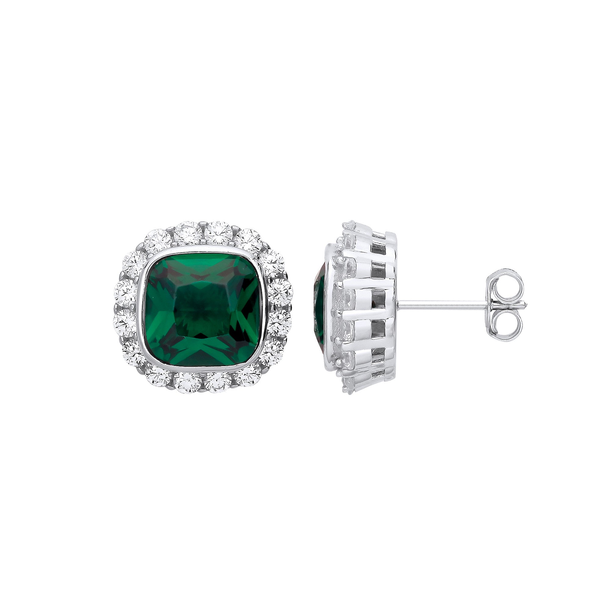 Silver Green CZ Halo Stud Earrings