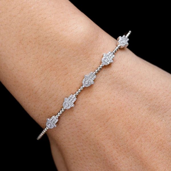 Erkals Jewellers Beaded Diamond Hamsa Flex Bangle Bracelet 18K Gold 0.30ctw