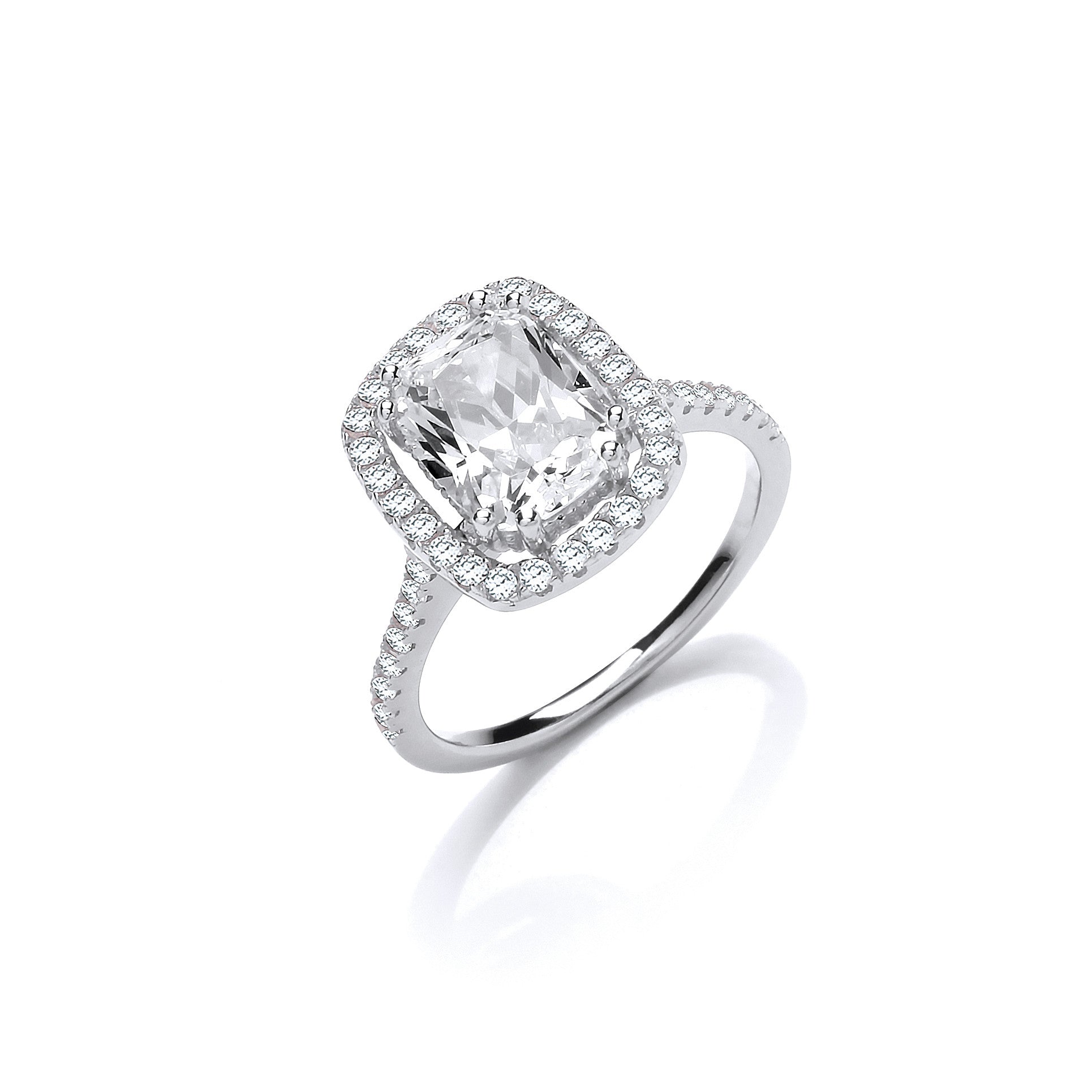 Halo Style High Setting Emerald Cut Cz Silver Ring