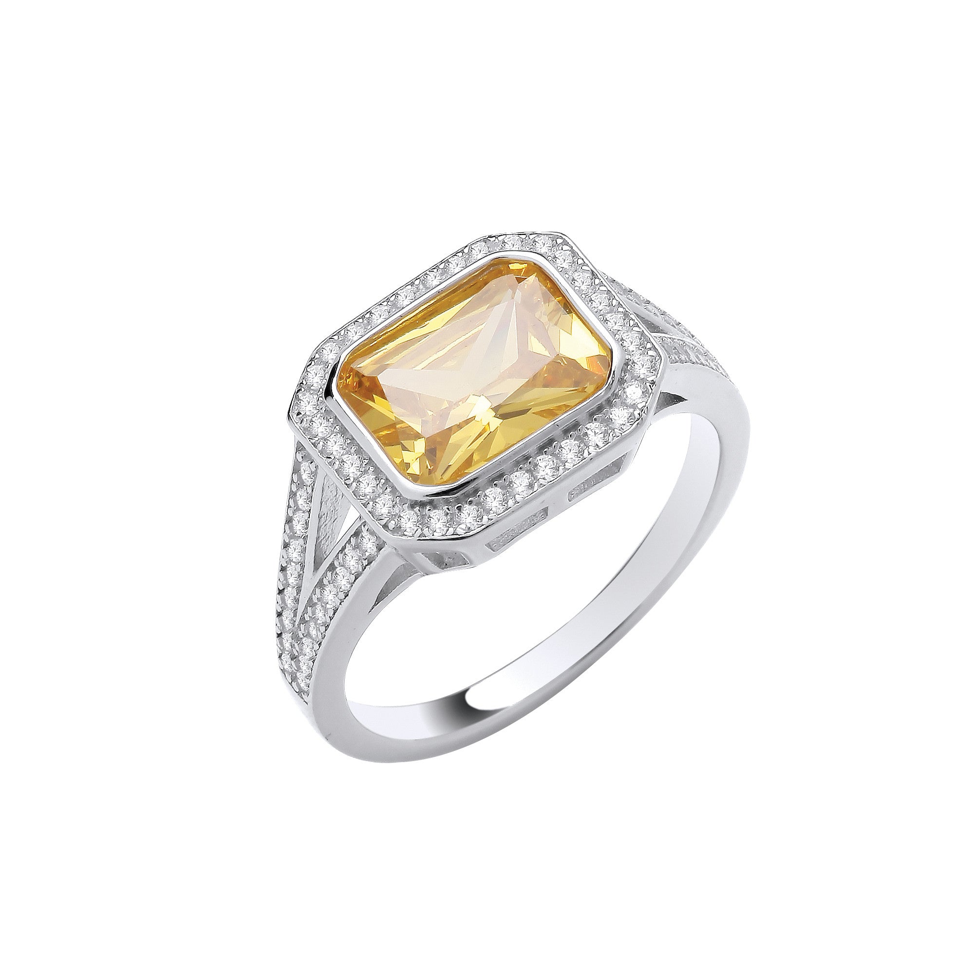 Silver Rub-Over Yellow Split Shank CZs Ring