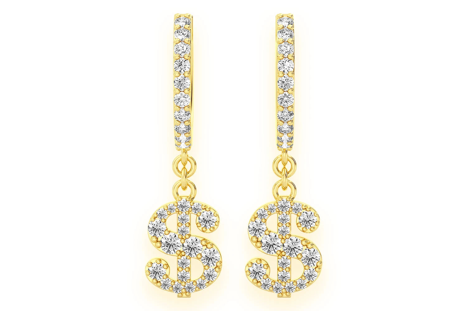 Erkals Jewellers Dangling Dollar Sign Huggie Hoop Earrings 18K Gold 0.65ctw