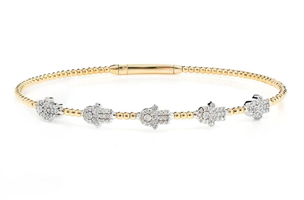 Erkals Jewellers Beaded Diamond Hamsa Flex Bangle Bracelet 18K Gold 0.30ctw
