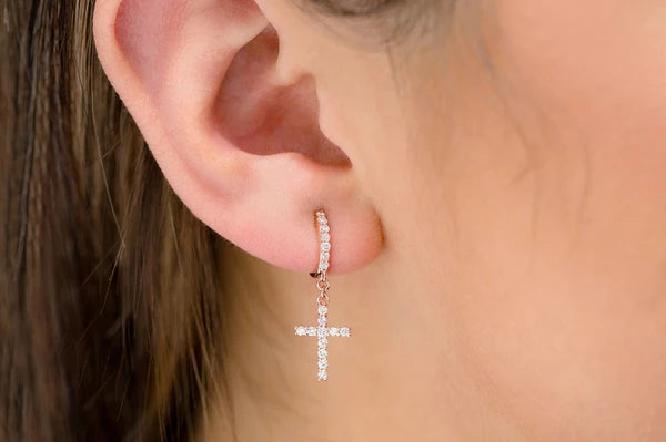 Erkals Jewellers Dangling Cross Huggie Hoop Earrings 18K Gold 0.40ctw
