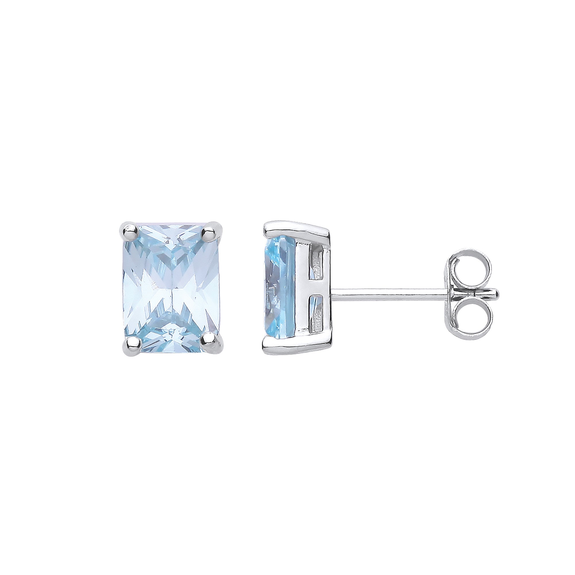 Silver BLUE CZ Emerald Cut Stud Earrings