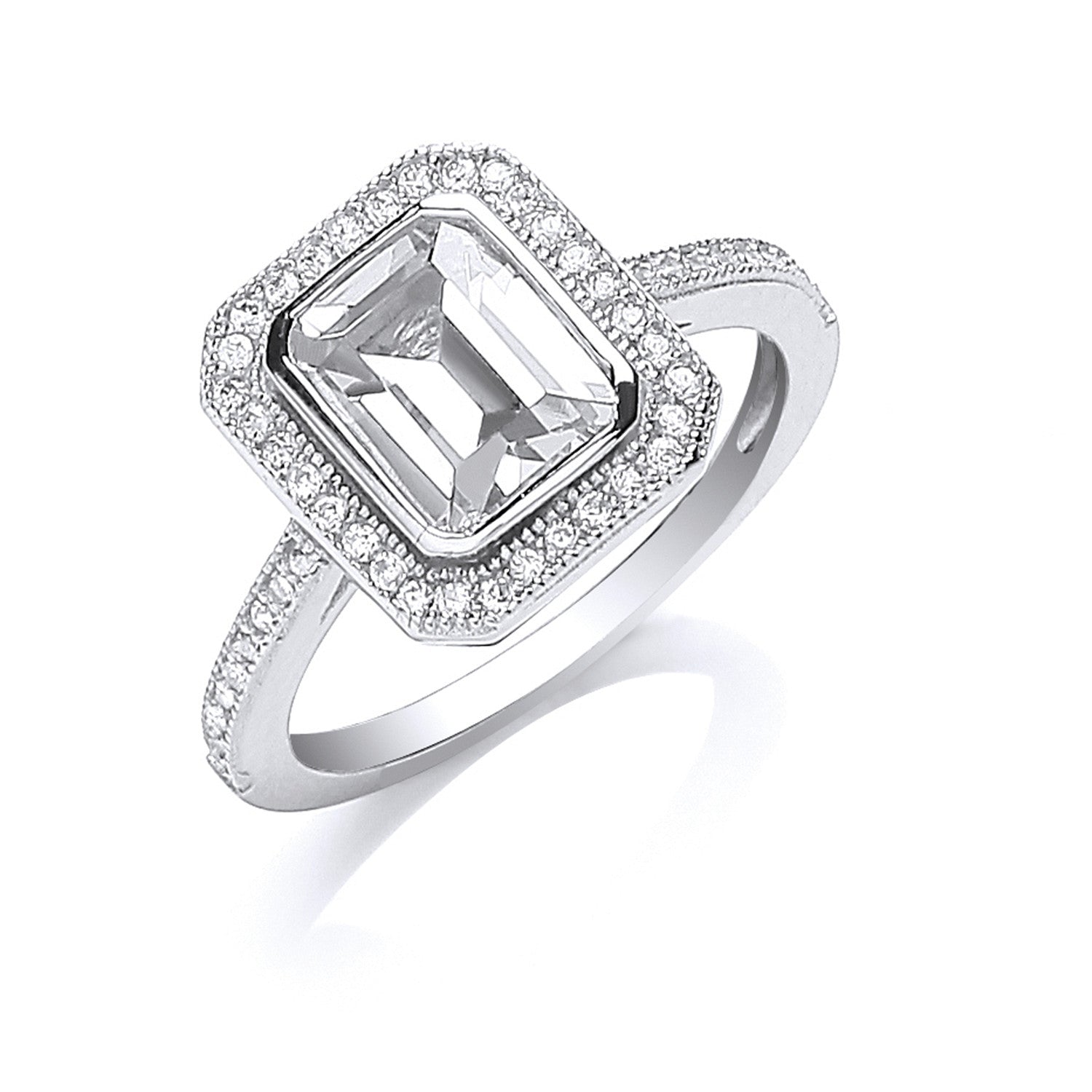 Silver Emerald Cut Cz Centre Ring