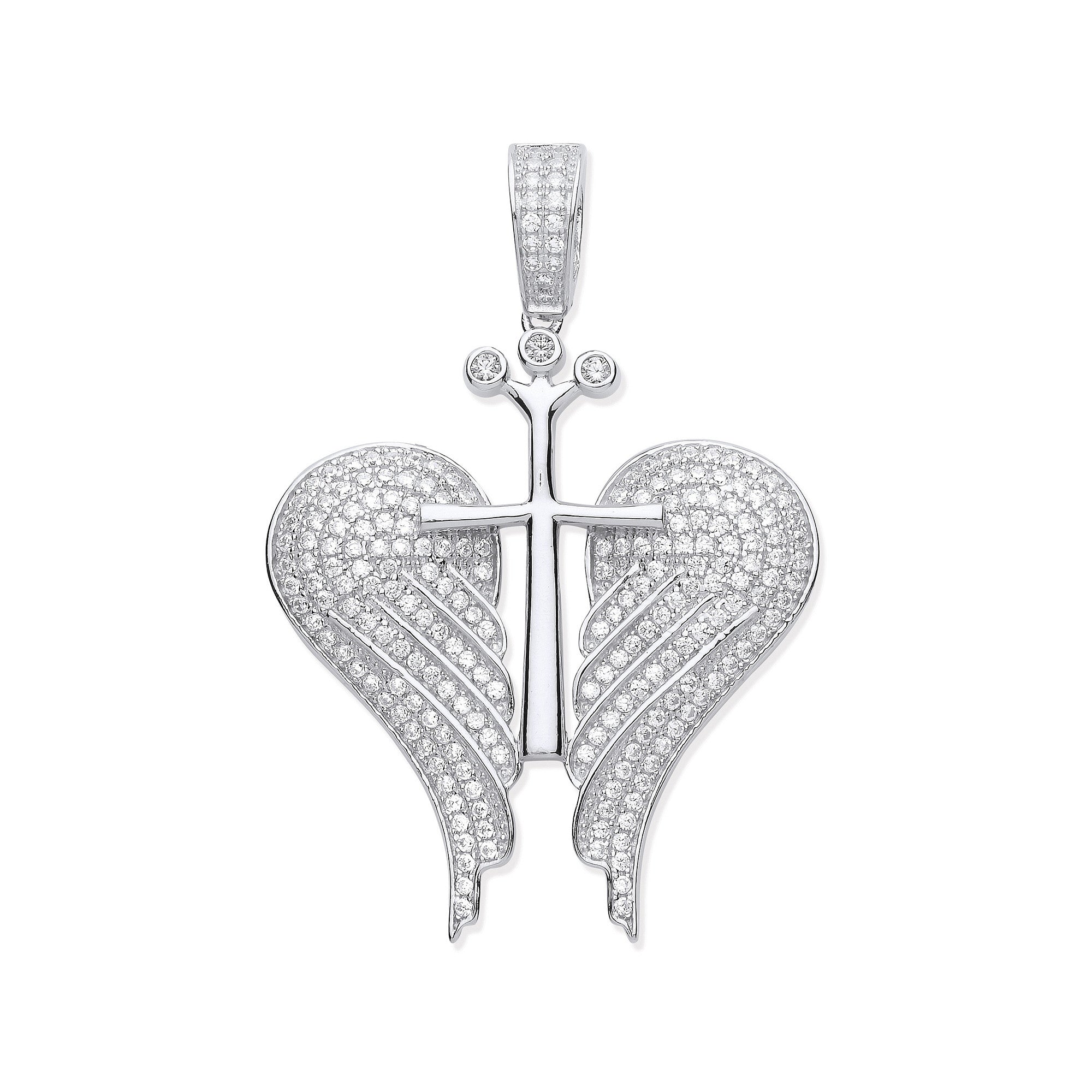 Silver CZ Open Angel Wings with Royal Cross Pendant