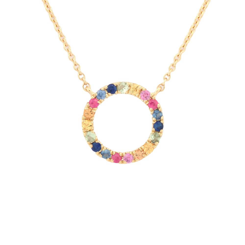 9C006-16 | 9ct Yellow Gold 0.25ct Rainbow Saph Circle Pendant - 16+2" Chain