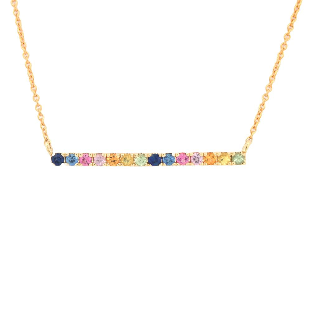 9C008-16 | 9ct Yellow Gold 0.32ct Rainbow Saph Bar Pendant - 16+2" Chain