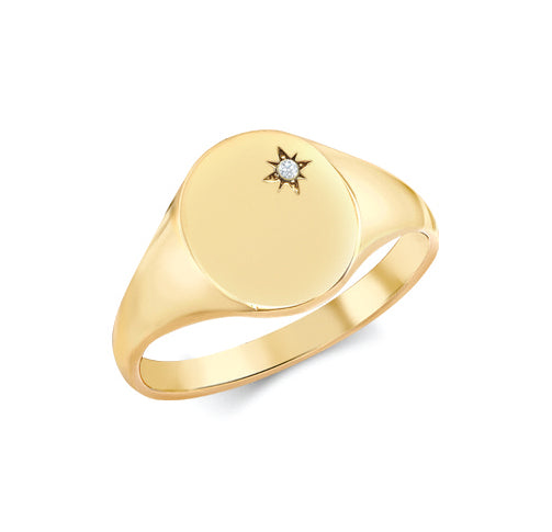 9ct Yellow Gold 0.03cts Diamonds Star-set Oval Signet Ring