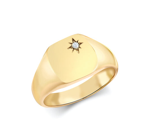 9R656 | 9ct Yellow Gold 0.06cts Diamonds Star-set Cushion Signet Ring