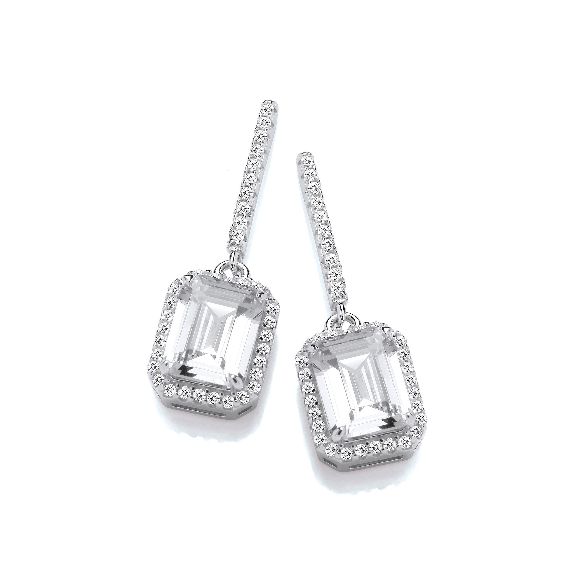 Emerald Cut CZ Halo Silver Drop Earrings