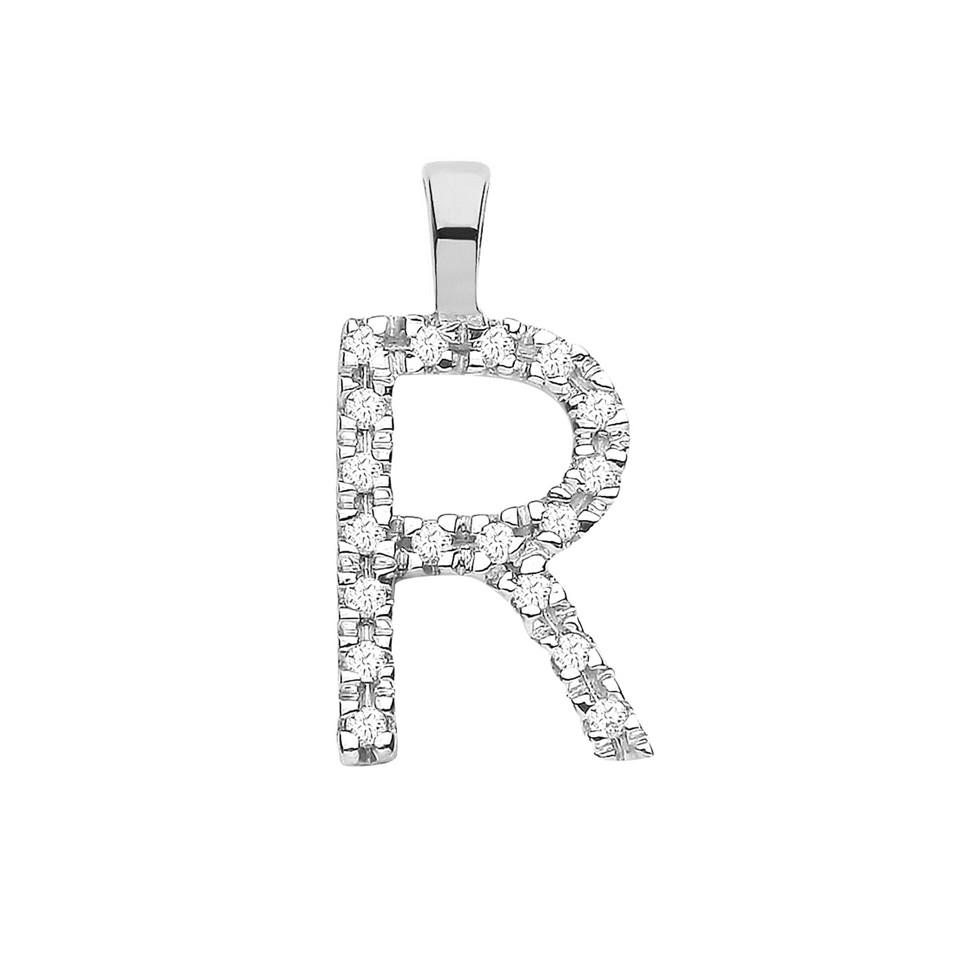 9ct White Gold 0.06ct Diamond R Initial