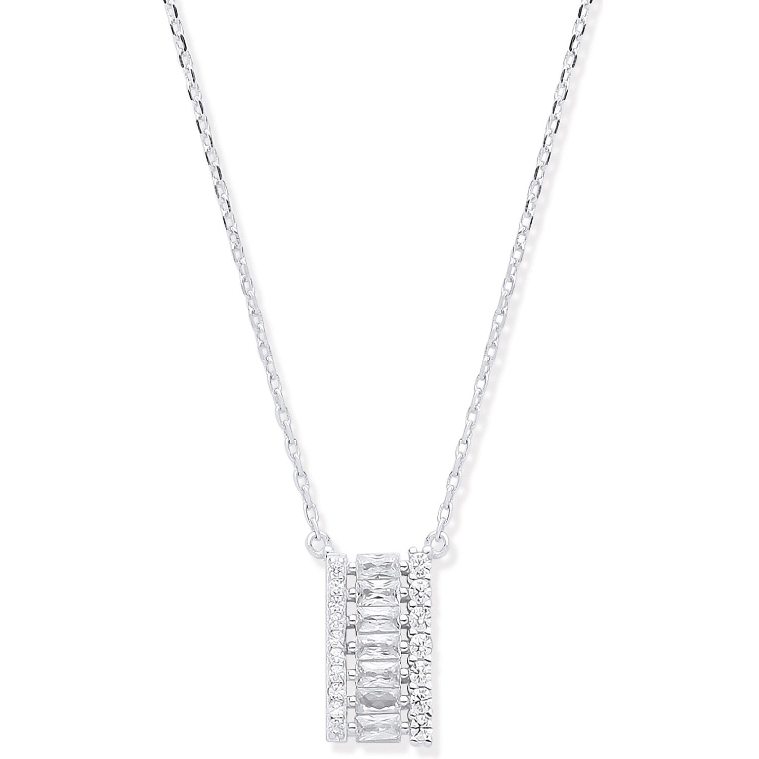 Silver Asymmetric CZ Pendant Necklace 16"+ 2"