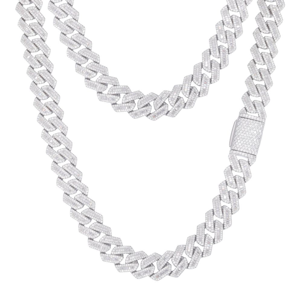 925 Silver Baguette Cubic Zirconia Set Cuban Chain 12.0mm