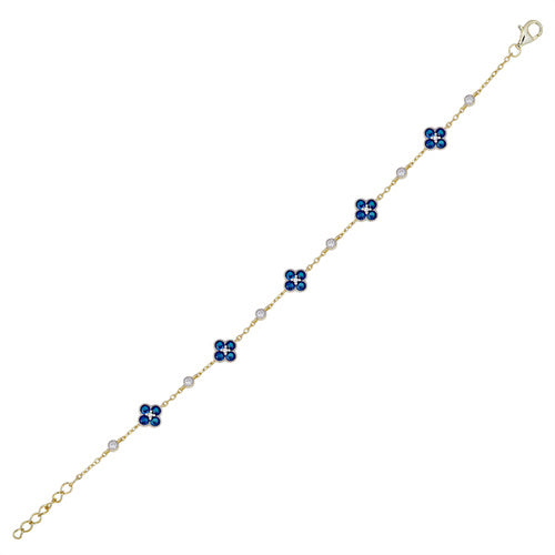 925 Silver 14ct Gold Plated Cubic Zirconia Set Clover Bracelet Blue