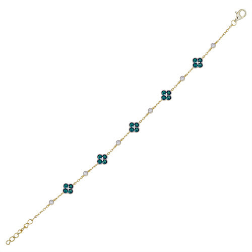 925 Silver 14ct Gold Plated Cubic Zirconia Set Clover Bracelet Green