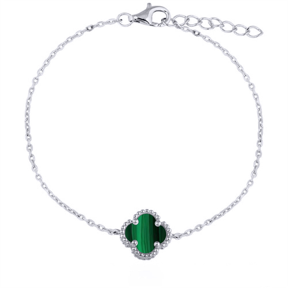 925 Silver Rhodium Plated Single Green Malachite Clover Bracelet