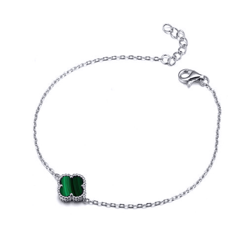 925 Silver Rhodium Plated Single Green Malachite Clover Bracelet