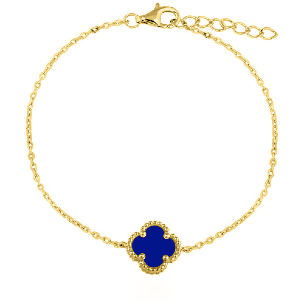 925 Silver 14ct Gold Plated Single Blue Agate Clover Bracelet