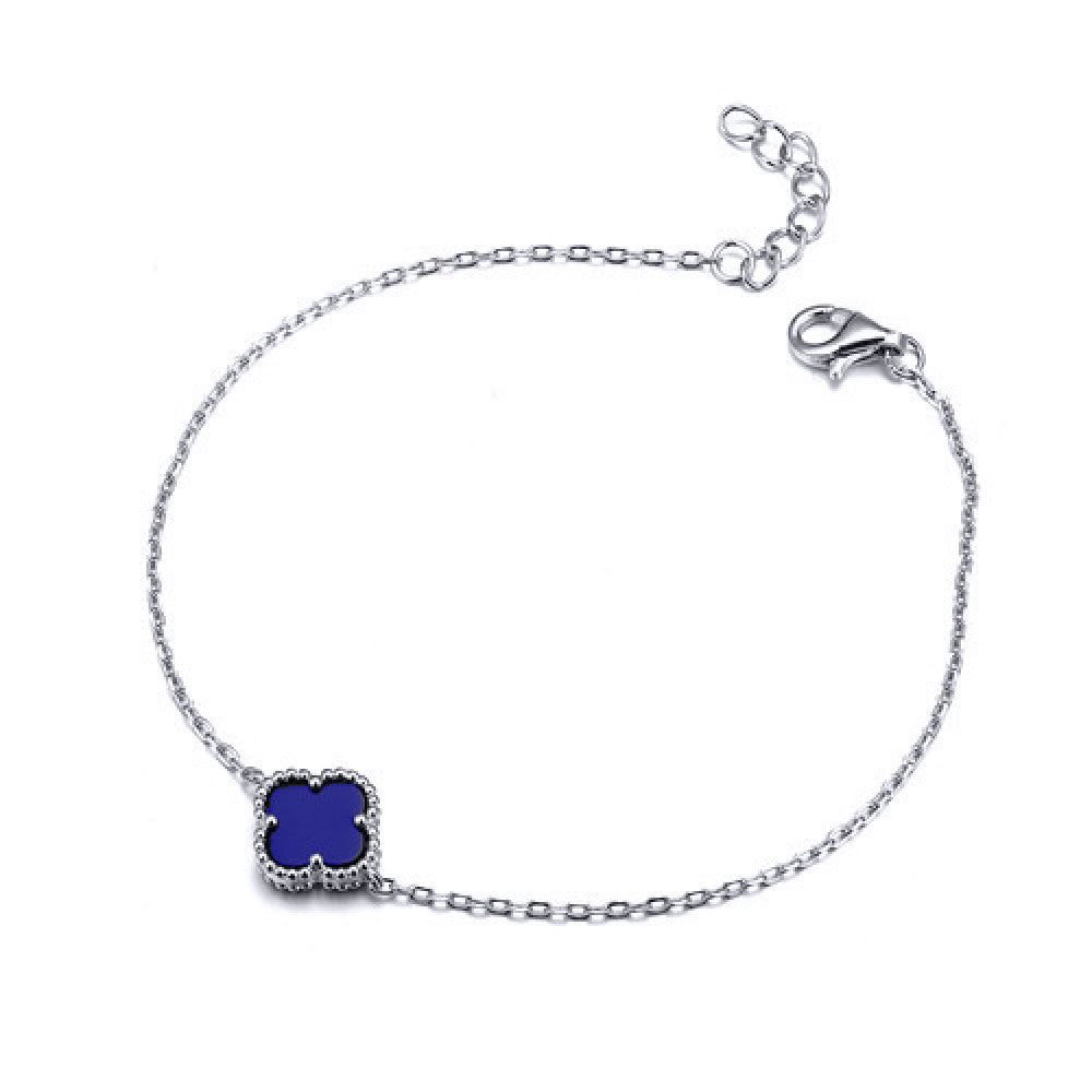 925 Silver Rhodium Plated Single Blue Agate Clover Bracelet