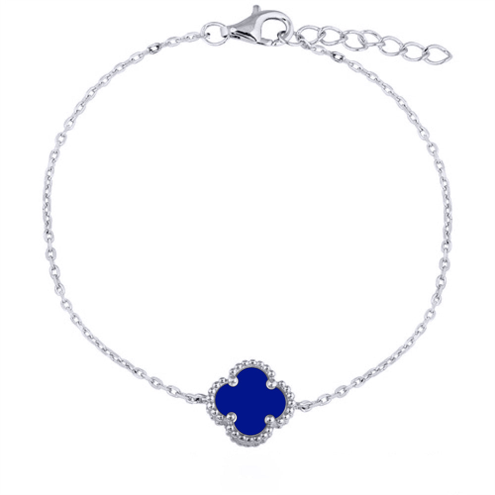 925 Silver Rhodium Plated Single Blue Agate Clover Bracelet