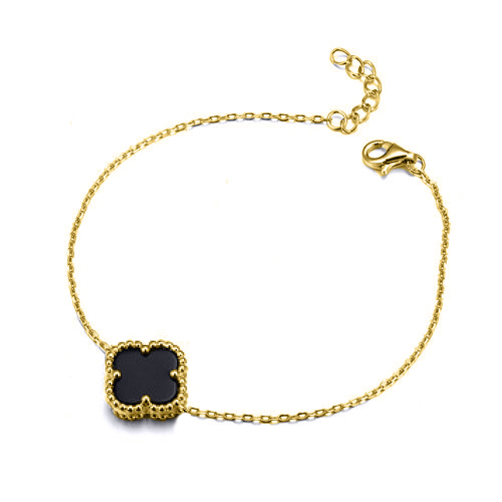 925 Silver 14ct gold Plated Single Clover Bracelet Black Onyx Colour