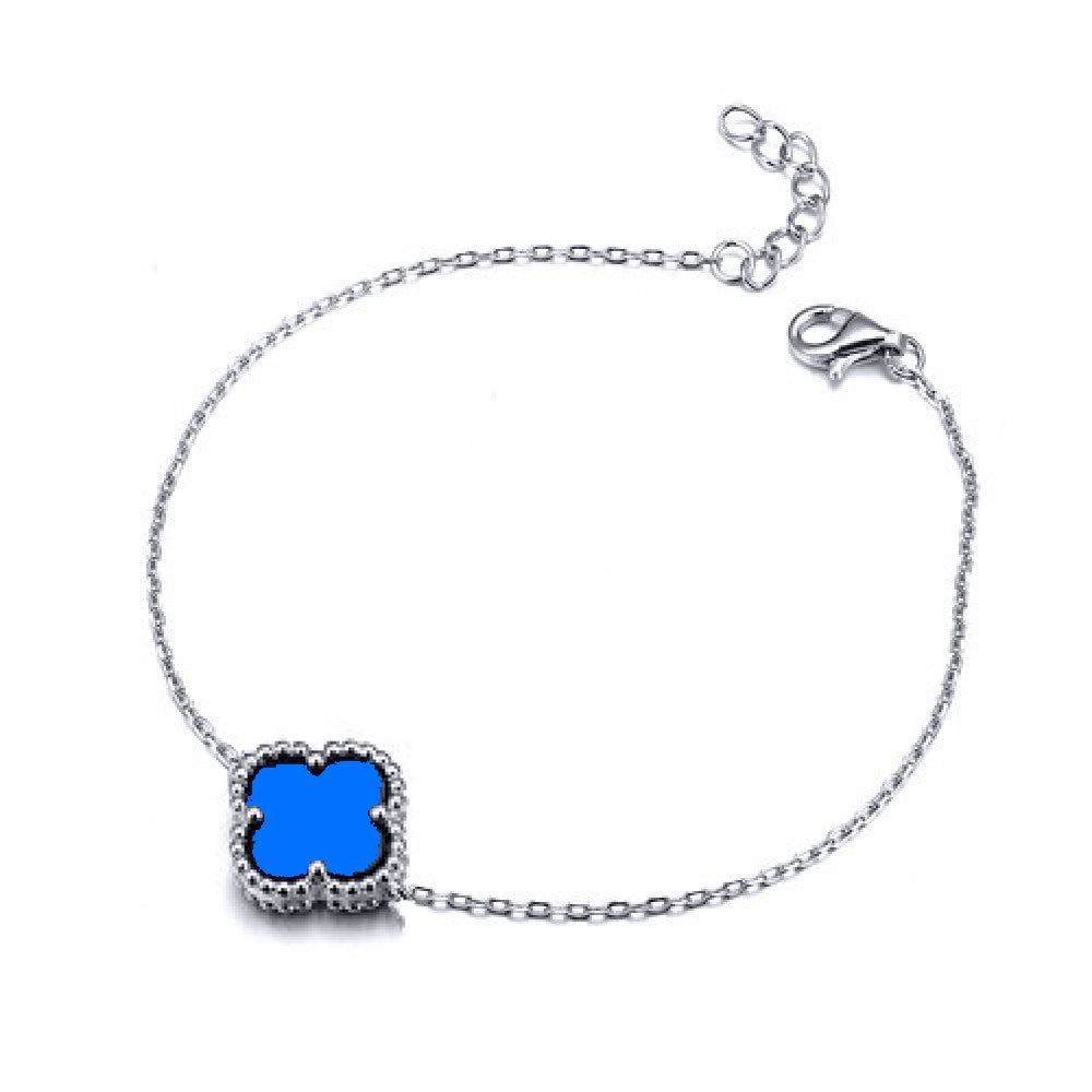 925 Silver Rhodium Single Clover Bracelet Blue Agate Colour