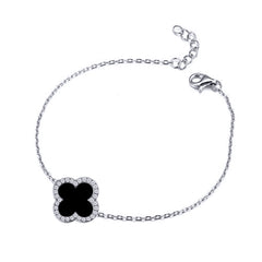925 Silver Rhodium Cubic Zirconia Set Single Clover Bracelet Black Colour
