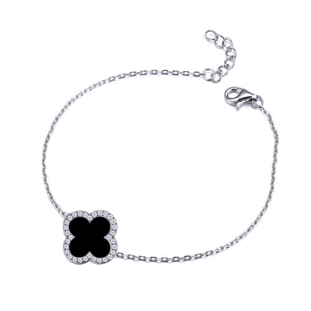925 Silver Rhodium Cubic Zirconia Set Single Clover Bracelet Black Onyx Colour