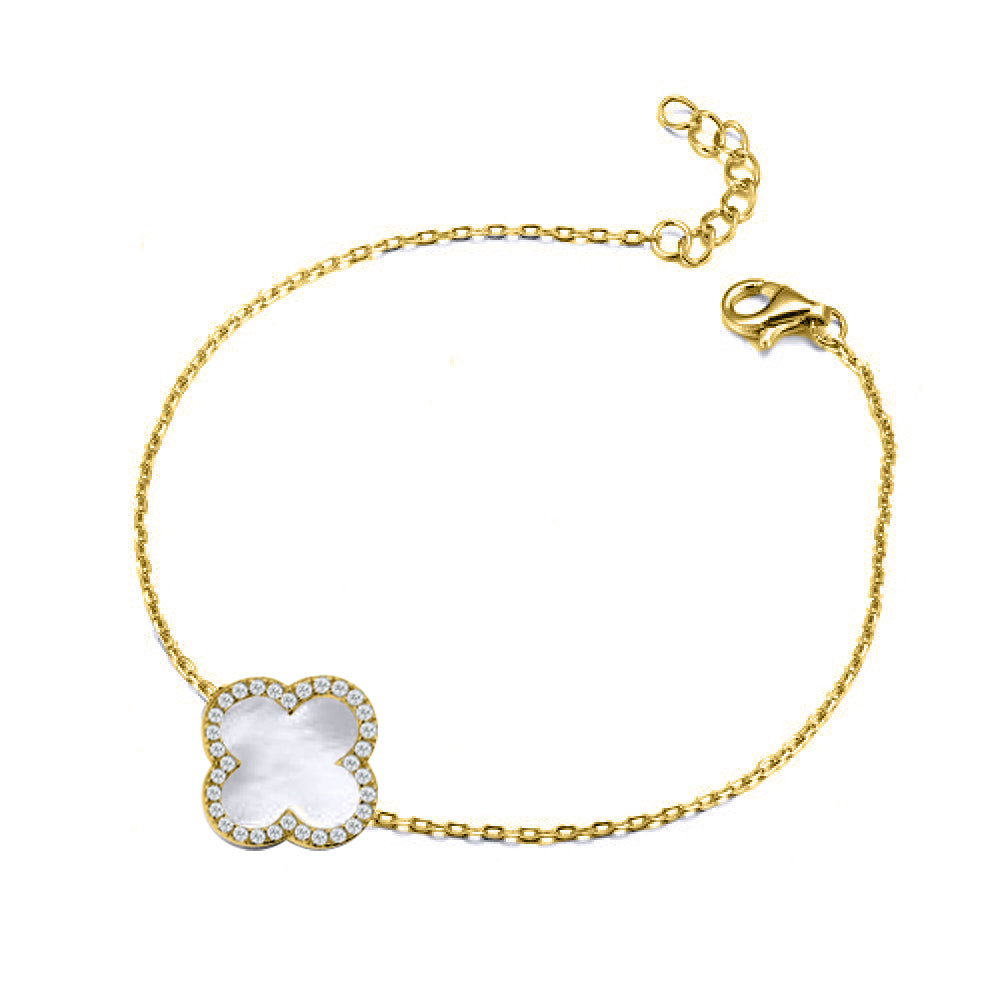 925 Silver 14ct gold Plated Cubic Zirconia Set Single Clover Bracelet MOP White Colour
