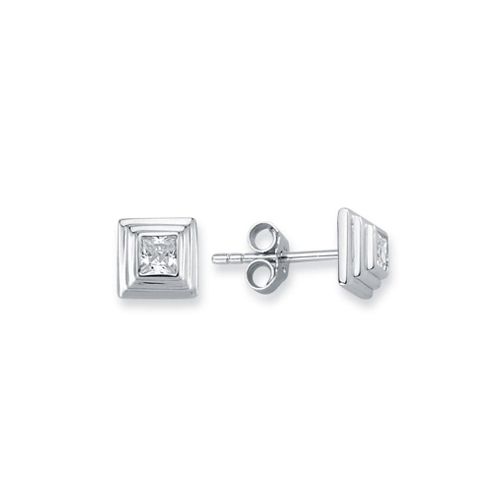925 SilverTiered Wedding Cake Solitare 4mm Square Cubic Zirconia Set Stud Earrings