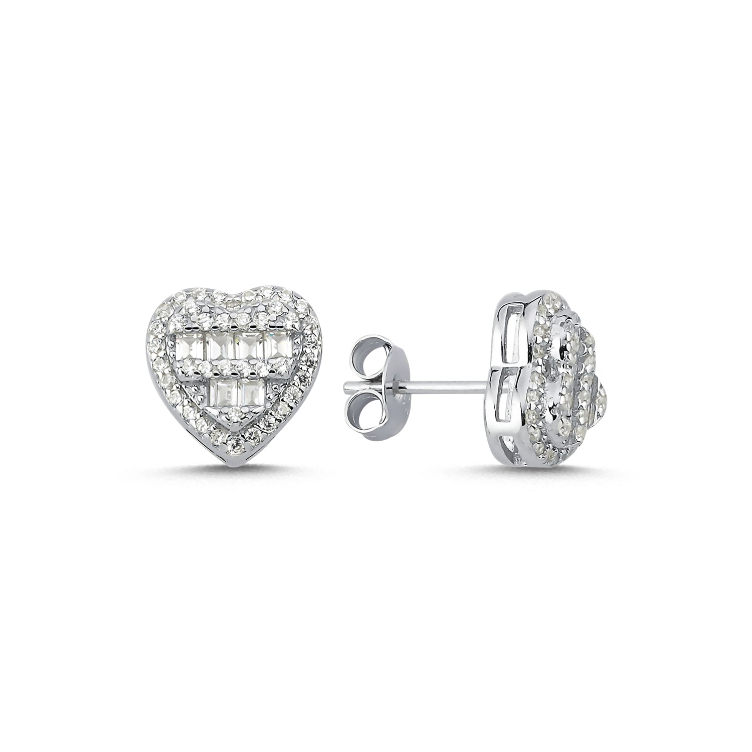 925 Silver Cubic Zirconia Brilliant and Baguette Cut Heart Studs