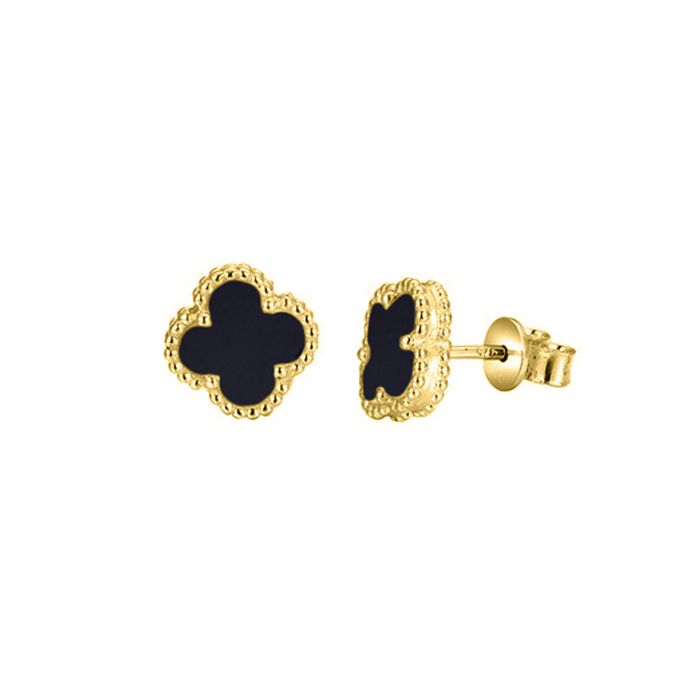 AES224-GP | 925 Silver 14ct Gold Plated Onyx Clover Studs