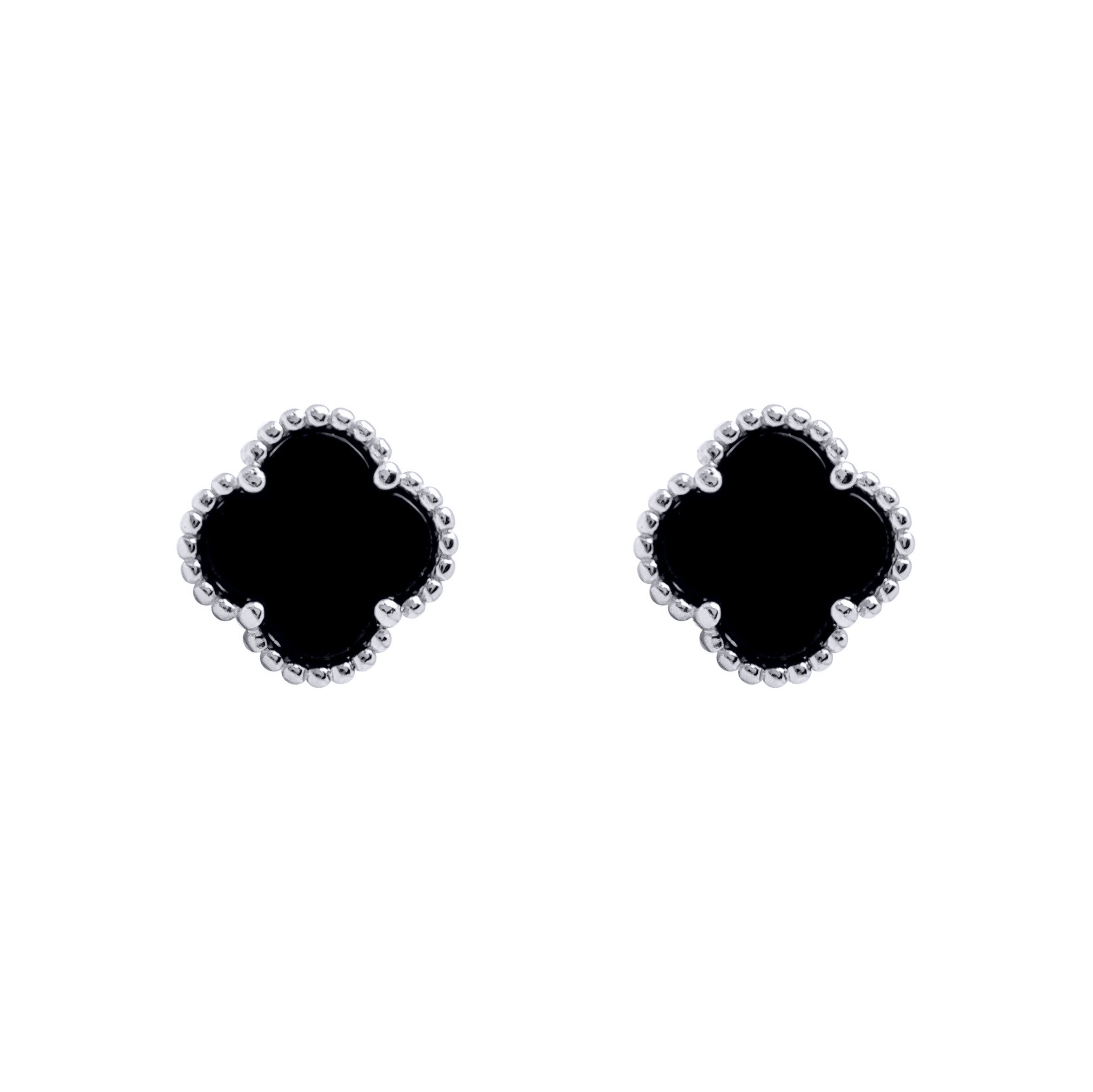 AES254 | 925 Silver Rhodium 5 Clover Stud Earrings Black Onyx Colour