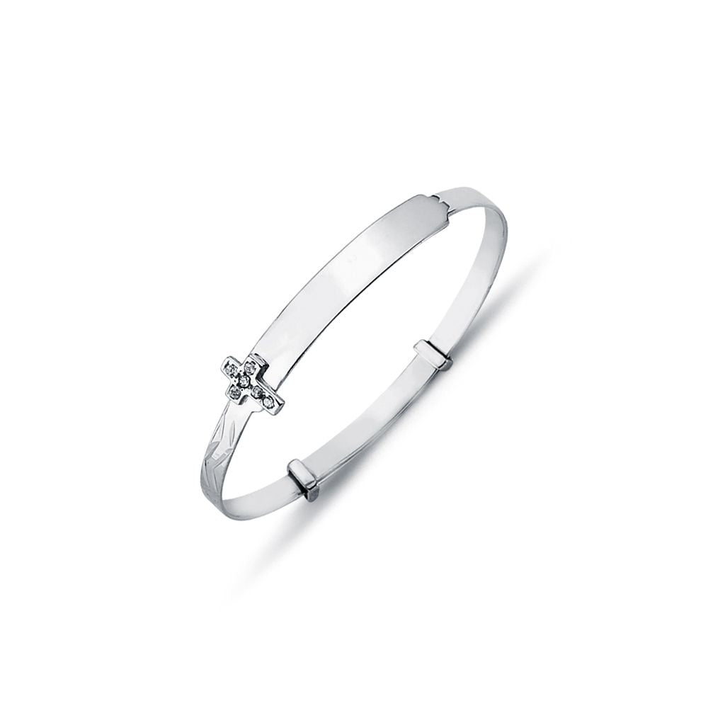 AKB028 | 925 Sterling Silver CZ Set Cross Diamond Cut Expanding Baby / Childrens Bangle