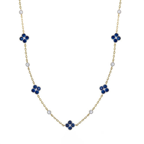 ANC073B | 925 Silver 14ct Gold Plated CZ Set Clover Necklace Blue