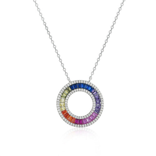 925 Silver Rhodium Plated Multi Col Cubic Zirconia Set Circle of Life Necklace