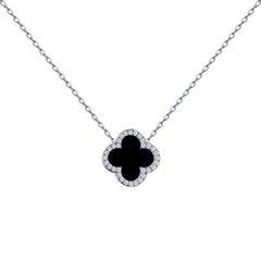 925 Silver Rhodium Cubic Zirconia Set Single Clover Necklace Black Colour