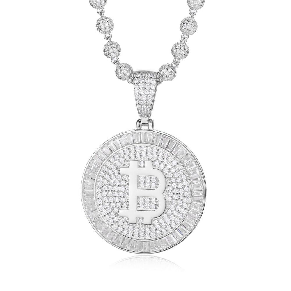 925 Silver Cubic Zirconia Set Bitcoin Pendant